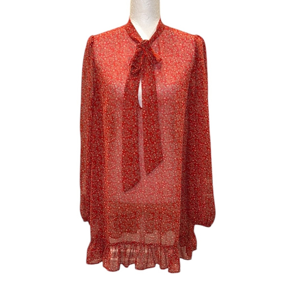 Free People Red Floral Print Tie Neck Pussycat Bow Ruffle Mini Tunic Dress - S